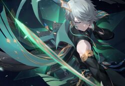 Rule 34 | 1boy, alhaitham (genshin impact), black shirt, blurry, blurry foreground, cape, chest jewel, closed mouth, detached sleeves, genshin impact, grey hair, hair between eyes, highres, looking at viewer, male focus, ri eul fd, shirt, simple background, solo, sparkle, sword, weapon