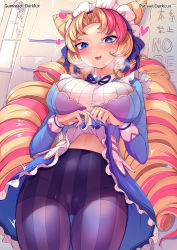 Rule 34 | 1girl, :d, artist name, blonde hair, blue eyes, blush, bow, breasts, cafe cuties (league of legends), cafe cuties gwen, cameltoe, cleft of venus, clothes lift, cone hair bun, darklux, dress, dress lift, drill hair, gluteal fold, gwen (league of legends), hair bow, hair bun, highres, large breasts, league of legends, long hair, long sleeves, looking at viewer, maid headdress, multicolored hair, navel, open mouth, pantyhose, parted bangs, pink hair, smile, striped clothes, striped pantyhose, twin drills, twintails, two-tone hair