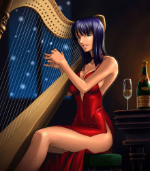 Rule 34 | 1girl, bare shoulders, black hair, bottle, breasts, brown eyes, choker, cleavage, cup, dress, drinking glass, female focus, harp, instrument, kagami hirotaka, legs, long hair, long legs, looking at viewer, nico robin, night, one piece, parted lips, red dress, side slit, sitting, solo, thighs, wine glass