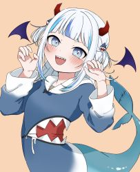 Rule 34 | 1girl, absurdres, aka tadaima, blue eyes, blush, child, gawr gura, highres, hololive, hololive english, horns, looking at viewer, open mouth, pale skin, sharp teeth, simple background, solo, tagme, teeth, virtual youtuber, white background, white hair