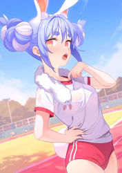 Rule 34 | 1girl, 4girls, :3, adjusting shirt, animal ear fluff, animal ears, blouse, blue hair, breasts, buruma, commentary, cowboy shot, don-chan (usada pekora), double bun, dutch angle, english commentary, foliage, from side, gym shirt, gym uniform, hair bun, hand on own chest, hand on own hip, highres, hikimayu, hololive, looking at viewer, looking to the side, multiple girls, nervous sweating, open mouth, outdoors, rabbit ears, rabbit tail, racetrack, ruien (wu jui-en), see-through, shirt, short eyebrows, sky, small breasts, solo focus, sweat, tail, thick eyebrows, tokoyami towa, track and field, tsunomaki watame, uruha rushia, usada pekora, virtual youtuber, wet, wet clothes, wet shirt, white hair, white shirt