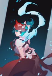 Rule 34 | 1girl, absurdres, bow, closed mouth, facepaint, fingerless gloves, fox, fox mask, gloves, green eyes, green hair, hair bow, highres, id kun, japanese clothes, kiriko (overwatch), looking at viewer, looking back, mask, medium hair, ninja, overwatch, overwatch 2, red gloves, short sleeves, smile, solo, white bow