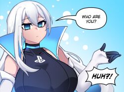 Rule 34 | 1girl, blue eyes, breasts, comic, detached sleeves, english text, game console, hair between eyes, high collar, highres, large breasts, long hair, merryweather, original, osiimi, playstation 5, playstation logo, product girl, ps5 chan, solo, speech bubble, white hair