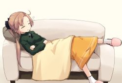 Rule 34 | 1girl, ahoge, akigumo (kancolle), blanket, blush, breasts, closed eyes, couch, green sweater, kakizaki (chou neji), kantai collection, long hair, long sleeves, lying, open mouth, orange skirt, pillow, pink footwear, ponytail, ribbon, simple background, skirt, sleeping, slippers, small breasts, socks, solo, sweater, white socks