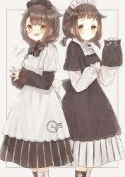 Rule 34 | 2girls, absurdres, asymmetrical legwear, black bow, black dress, black legwear, blush, bow, braid, brown eyes, brown hair, closed mouth, commentary request, dress, grey background, hair bow, hand puppet, highres, huge filesize, layered sleeves, long hair, long sleeves, looking at viewer, low twintails, maid, maid headdress, mismatched legwear, multiple girls, open mouth, original, puffy long sleeves, puffy sleeves, puppet, shano-pirika, short over long sleeves, short sleeves, siblings, signature, sisters, sleeves past wrists, standing, steepled fingers, striped, tears, thighhighs, twin braids, twins, twintails, vertical stripes, wavy mouth, white bow, white dress, white legwear