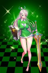Rule 34 | 1girl, :o, anklet, barefoot, blue eyes, breasts, breasts apart, checkered floor, dungeon and fighter, elf, foreshortening, full body, green shirt, highres, holding, holding shield, holding sword, holding weapon, jewelry, kim jin sung, knight (dungeon and fighter), large breasts, legs, long hair, looking at viewer, microskirt, nail polish, open mouth, pointy ears, shield, shirt, silver hair, skirt, solo, sparkle, sword, toenail polish, toenails, very long hair, weapon