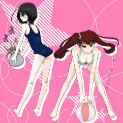 Rule 34 | 10s, 2girls, akazawa izumi, another, ball, bare shoulders, barefoot, beachball, bent over, bikini, black hair, breasts, brown eyes, brown hair, cleavage, eyepatch, feet, flower, from behind, front-tie top, hair ribbon, jar, leaning forward, long hair, looking at viewer, looking back, lost july, medium breasts, misaki mei, multiple girls, octopus, one-piece swimsuit, pot, red eyes, ribbon, short hair, small breasts, swimsuit, twintails