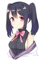 Rule 34 | 10s, 1girl, black hair, bow, breasts, closed mouth, clothes pull, commentary, frilled shirt collar, frills, hair between eyes, large breasts, long hair, looking at viewer, mimura zaja, pink bow, pink ribbon, red eyes, ribbon, shirt, shirt pull, sideboob, simple background, sleeveless, sleeveless shirt, smile, solo, twintails, upper body, urara meirochou, white background, yukimi koume