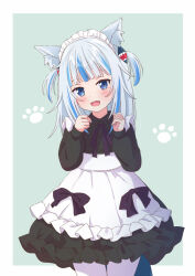 Rule 34 | 1girl, animal ear fluff, animal ears, apron, black dress, blue eyes, blue hair, blunt bangs, blush, cat ears, dress, fins, fish tail, gawr gura, grey hair, hair ornament, hololive, hololive english, looking at viewer, m ko (maxft2), maid, maid apron, medium hair, multicolored hair, open mouth, shark girl, shark hair ornament, shark tail, sharp teeth, sidelocks, smile, solo, streaked hair, tail, teeth, two side up, upper teeth only, virtual youtuber, white apron