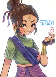 Rule 34 | 3bai kaiouken, animification, apex legends, blue sash, brown eyes, brown hair, crop top, cropped shirt, dark-skinned female, dark skin, earrings, finger heart, green shirt, hair behind ear, hair bun, heart, heritage pride rampart, highres, jewelry, looking at viewer, looking to the side, making-of available, official alternate costume, parted lips, purple skirt, rampart (apex legends), sash, shirt, single hair bun, skirt, smile, white background