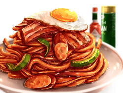 Rule 34 | blurry, blurry background, egg (food), food, food focus, fried egg, highres, hot sauce, kaneko ryou, meat, napolitan, no humans, original, pasta, plate, simple background, spaghetti, still life, tabasco, vegetable, white background