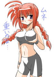 Rule 34 | 00s, 1girl, bare shoulders, braid, breasts, grabbing own breast, large breasts, looking at viewer, lyrical nanoha, mahou shoujo lyrical nanoha, mahou shoujo lyrical nanoha strikers, midriff, navel, purple eyes, red hair, simple background, skin tight, solo, sports bra, standing, stomach, sweatband, tank top, text focus, twin braids, vita (nanoha), white background