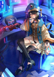 Rule 34 | 1girl, absurdres, bare shoulders, black footwear, black hair, blue headwear, blush, boots, breasts, bridal gauntlets, brown eyes, chair, chinese clothes, desk, doll, fate/grand order, fate (series), hair ornament, hair over one eye, hairpin, hat, highres, kaer sasi dianxia, long sleeves, looking at viewer, mole, mole under eye, monitor, orb, robe, short hair, sitting, skirt, small breasts, smile, thigh boots, thighhighs, toeless footwear, white robe, white skirt, wide sleeves, xu fu (fate), yu mei-ren (fate)