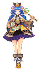 Rule 34 | 1girl, bad id, bad pixiv id, bare legs, blue eyes, blue hair, boots, colored eyelashes, cup, dress, fantasy, flower, gourd, hair flower, hair ornament, highres, legs, lime odyssey, long hair, matching hair/eyes, original, poncho, purple eyes, saucer, serenade (sinohi), simple background, solo, standing, teacup, twintails, wand