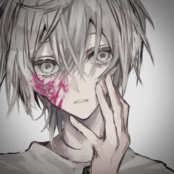 Rule 34 | 00 gx4, 1boy, blood, blood on face, chinese commentary, hand on own face, highres, looking at viewer, male focus, open mouth, original, shirt, short hair, translated, white eyes, white hair, white shirt