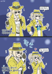 barbara_(genshin_impact) blonde_hair coat genshin_impact hat highres jean_(genshin_impact) korean_text long_hair parody riffle_hunter sunglasses twintails yellow_coat yellow_headwear