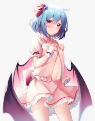 Rule 34 | 1girl, ahoge, back bow, bat wings, blue hair, blurry, blush, bow, buttons, collared shirt, commentary request, crystal, crystal hair ornament, frills, grey background, hair between eyes, hair ornament, hair ribbon, hands up, highres, no headwear, open clothes, open shirt, pink bow, pink shirt, pink skirt, puffy short sleeves, puffy sleeves, purple bow, purple ribbon, red bow, red eyes, remilia scarlet, ribbon, ruhika, shirt, short hair, short sleeves, simple background, skirt, solo, standing, touhou, wings, wrist cuffs