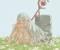 Rule 34 | 1girl, absurdres, against wall, ankle cuffs, barefoot, commentary, dress, flower, frieren, frown, full body, grass, green eyes, grey background, grey hair, highres, hugging own legs, knees up, kurattes, long hair, looking at viewer, outdoors, pointy ears, romaji commentary, simple background, sleeveless, sleeveless dress, solo, sousou no frieren, staff, very long hair, white dress, white flower