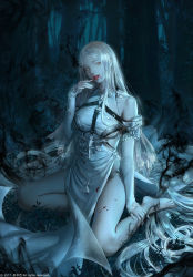 Rule 34 | 1girl, absurdly long hair, barefoot, blood, blood on face, blood on hands, breasts, colored skin, detached sleeves, dress, fantasy, flonecia lusignan la rothschear, forest, highres, jdori, long hair, looking at viewer, medium breasts, nature, night, official art, outdoors, sitting, solo, tamsig-ui jaelim, the second coming of gluttony, very long hair, watermark, white dress, white eyes, white hair, white skin