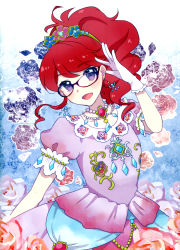 10s 1girl aikatsu! aikatsu!_(series) blush earrings female_focus glasses gloves head_tilt highres jewelry kurebayashi_juri looking_at_viewer necklace open_mouth purple_eyes red_hair solo tiara white_gloves