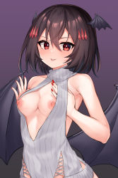 Rule 34 | 1girl, absurdres, backless dress, backless outfit, bare arms, bare shoulders, black wings, blush, breasts, breasts squeezed together, brown hair, cleavage, cleavage cutout, closed mouth, clothing cutout, commentary request, covered navel, cowboy shot, demon girl, demon wings, dress, gradient background, grey dress, grey sweater, hair ornament, head wings, highres, looking at viewer, medium breasts, meme attire, nail polish, nipple slip, nipples, original, pizza (pizzania company), purple background, red eyes, red nails, short hair, smile, smug, solo, sweater, sweater dress, v-shaped eyebrows, virgin killer sweater, wings