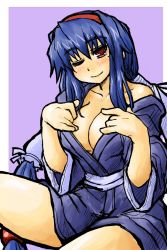 Rule 34 | 1girl, alternate costume, anastasia valeria, bare legs, bispora, blue hair, blush, breasts, cleavage, closed mouth, collarbone, facing viewer, hair ornament, hair tie, hairband, hands up, happy, japanese clothes, kimono, large breasts, long hair, looking at viewer, low-tied long hair, mole, mole under eye, obi, one eye closed, open clothes, red eyes, red hairband, sash, seductive smile, short kimono, sidelocks, sitting, smile, solo, twintails, undressing, wide sleeves, wild arms, wild arms 2, wink
