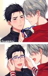 Rule 34 | 2boys, 2koma, :d, ^ ^, artist name, black hair, black jacket, blue-framed eyewear, blue eyes, blush, brown eyes, close-up, closed eyes, comic, eyelashes, eyewear removed, fingernails, frown, gearous, glasses, grey hair, half-closed eyes, hands on another&#039;s face, happy, height difference, highres, jacket, katsuki yuuri, long sleeves, looking at another, male focus, multiple boys, open mouth, profile, red jacket, short hair, simple background, smile, standing, upper body, viktor nikiforov, white background, yuri!!! on ice