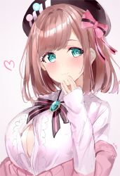 Rule 34 | 1girl, :3, blue eyes, blush, bow, breasts, brown hair, brown hat, cleavage, closed mouth, hair bow, hand up, hat, highres, jacket, long sleeves, medium hair, mile (off8mile), neck ribbon, nijisanji, off shoulder, pink bow, pink jacket, ribbon, simple background, smile, solo, suzuhara lulu, suzuhara lulu (1st costume), twitter username, virtual youtuber, white background