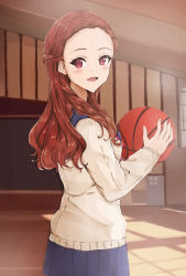 Rule 34 | 1girl, ball, basketball, basketball (object), blue skirt, braid, duffy, forehead, highres, idolmaster, idolmaster cinderella girls, idolmaster cinderella girls starlight stage, indoors, long hair, long sleeves, looking at viewer, open mouth, red eyes, red hair, school uniform, seki hiromi, shadow, skirt, solo, standing, wavy hair