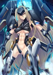 Rule 34 | 00s, 1girl, abs, alca steele, android, armor, armpits, bare shoulders, black thighhighs, blonde hair, bracer, breasts, breasts apart, cable, cable tail, closed mouth, covered erect nipples, crotch plate, elbow gloves, female focus, forehead protector, frown, gloves, glowing, gluteal fold, grid, groin, hair between eyes, headgear, highres, joints, large breasts, legs apart, long hair, looking at viewer, mecha musume, mechanical legs, mechanical parts, mechanical tail, mechanical wings, muscular, navel, nipples, official art, outline, partially visible vulva, perky breasts, robot joints, serious, shindol, shiny clothes, shiny skin, silver hair, skin tight, solo, standing, tail, taimanin (series), taimanin asagi, taimanin asagi kessen arena, thighhighs, toned, turtleneck, underboob, very long hair, wings, yellow eyes