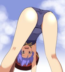 Rule 34 | 1girl, all fours, alternate costume, bowl, bowl hat, hat, japanese clothes, kimono, one-piece swimsuit, open mouth, purple hair, red eyes, shimouki izui, short hair, solo, sukuna shinmyoumaru, swimsuit, top-down bottom-up, touhou