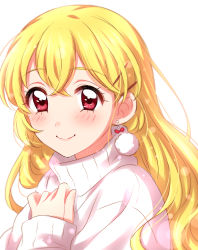 Rule 34 | 1girl, absurdres, aikatsu!, aikatsu! (series), blonde hair, blush, closed mouth, earrings, hand up, highres, hoshimiya ichigo, jewelry, long hair, looking at viewer, pom pom (clothes), pom pom earrings, red eyes, sekina, simple background, sleeves past wrists, smile, solo, sweater, upper body, white background, white sweater