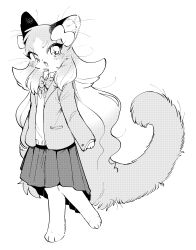 Rule 34 | 1girl, :&lt;, absurdres, animal ear fluff, animal ears, animal feet, animal nose, arms at sides, barefoot, blush, body fur, bow, bowtie, cat ears, cat girl, cat tail, cocri, collared shirt, fang, female focus, full body, furry, furry female, gradient hair, greyscale, hair bow, halftone, highres, jacket, long hair, long sleeves, looking at viewer, messy hair, milky (cocri), miniskirt, monochrome, multicolored hair, open clothes, open jacket, open mouth, original, pleated skirt, school uniform, shirt, simple background, skirt, sleeves past wrists, solo, standing, sweater, tail, v-shaped eyebrows, very long hair, whiskers, white background