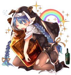 Rule 34 | 10s, 1girl, :3, alcohol, asada sadao, bad id, bad pixiv id, blue hair, blush, bottle, breasts, closed eyes, draph, glass bottle, granblue fantasy, habit, horns, long hair, nun, open mouth, pantyhose, pointy ears, rainbow, rumredda, simple background, solo, sparkle, torn clothes, torn pantyhose, twintails, very long hair, white background