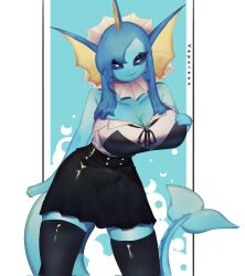 Rule 34 | bare shoulders, blue hair, blue sclera, breasts, cleavage, colored sclera, creatures (company), dress, fins, fish tail, furry, furry female, game freak, gen 1 pokemon, hand on own chest, heart, heart-shaped pupils, highres, large breasts, long hair, looking at viewer, nintendo, pokemon, pokemon (creature), seductive smile, sidelocks, smile, symbol-shaped pupils, tail, thick thighs, thighhighs, thighs, togetoge, vaporeon, wide hips, zettai ryouiki
