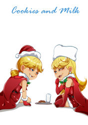 Rule 34 | 2girls, arm support, bare shoulders, bell, belt, black belt, blonde hair, blue eyes, blush, cape, child, chocolate chip cookie, christmas, cookie, cup, dress, drinking glass, earrings, elbow gloves, eye contact, food, full body, fur-trimmed cape, fur-trimmed dress, fur-trimmed gloves, fur hat, fur trim, gloves, hat, highres, jcm2, jewelry, jingle bell, lana loud, lola loud, long hair, looking at another, milk, missing tooth, multiple girls, nickelodeon, red cape, red dress, red legwear, santa costume, santa hat, seiza, short dress, siblings, simple background, sisters, sitting, sleeveless, sleeveless dress, smile, the loud house, thighhighs, tray, twins, white background, white headwear, yokozuwari, zettai ryouiki