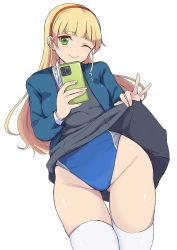 Rule 34 | 1girl, blazer, blonde hair, blue jacket, blue one-piece swimsuit, blunt bangs, cellphone, clothes lift, competition swimsuit, cowboy shot, dress, dress lift, gluteal fold, green eyes, grey dress, hairband, heanna sumire, highres, hirota masatane, jacket, lifting own clothes, looking at viewer, love live!, love live! superstar!!, multicolored clothes, multicolored swimsuit, one-piece swimsuit, one eye closed, phone, school uniform, simple background, solo, swimsuit, swimsuit under clothes, thighhighs, white background, white thighhighs, yuigaoka school uniform