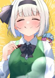 Rule 34 | 2girls, absurdres, black bow, black hairband, blue headwear, blush, bow, bowtie, buttons, chocolate, closed eyes, collared shirt, eating, food, green vest, hair bow, hairband, hat, highres, hitodama, holding, holding chocolate, holding food, konpaku youmu, konpaku youmu (ghost), long sleeves, mob cap, multiple girls, pink hair, refuson man, saigyouji yuyuko, shirt, smile, tongue, tongue out, touhou, triangular headpiece, upper body, vest, white hair, white shirt