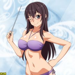 Rule 34 | 1girl, ;), armpits, bad id, bad pixiv id, bare arms, bare shoulders, bikini, black eyes, blue background, blush, breasts, brown hair, cleavage, closed mouth, collarbone, copyright request, glasses, halterneck, hand on own hip, large breasts, long hair, looking at viewer, navel, omc, one eye closed, pointer, purple bikini, ra-pen, red-framed eyewear, side-tie bikini bottom, smile, solo, stomach, swimsuit, upper body