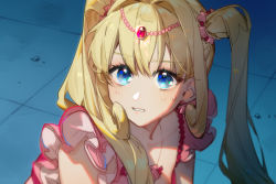 Rule 34 | 1girl, bishoujo senshi sailor moon, blonde hair, blue eyes, breasts, circlet, cleavage, derivative work, dress, earrings, frilled dress, frills, highres, jewelry, long hair, looking at viewer, meme, necklace, parted lips, pink dress, sailor moon redraw challenge (meme), screenshot redraw, sleeveless, sleeveless dress, solo, tears, tefco, tsukino usagi, twintails, upper body