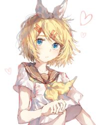 Rule 34 | 1girl, black sailor collar, blonde hair, commentary, deep (deep4946), hair ornament, heart, highres, kagamine rin, looking at viewer, midriff peek, neckerchief, sailor collar, shirt, short hair, short sleeves, simple background, solo, vocaloid, white background, white shirt, yellow neckerchief