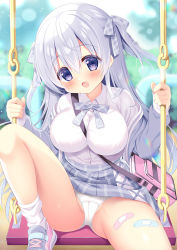 Rule 34 | 1girl, :d, bag, bandaid, bandaid on leg, between breasts, blurry, blurry background, blush, breasts, collared shirt, commentary request, grey jacket, grey skirt, hair between eyes, hair ribbon, jacket, large breasts, long sleeves, looking at viewer, open mouth, oppai loli, original, outdoors, panties, partially visible vulva, plaid, plaid skirt, pleated skirt, purple eyes, ribbon, school uniform, shirt, shoes, silver hair, skirt, smile, sneakers, socks, solo, spread legs, strap between breasts, swing, swing set, thighs, underwear, uniform, white panties, white shirt, white socks, yuyumatsu