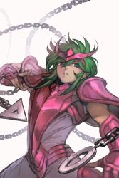 Rule 34 | 1boy, androgynous, andromeda shun, armor, blue eyes, breastplate, chain, fingerless gloves, gauntlets, gloves, green hair, grey background, hair between eyes, hand up, hungry clicker, looking at viewer, male focus, parted lips, pauldrons, saint seiya, shoulder armor, solo, upper body