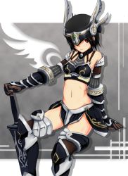 Rule 34 | 1girl, arm behind back, armor, azurai (lucent heart), bad id, bad pixiv id, bare shoulders, bikini armor, black gloves, black hair, black thighhighs, bracer, breastplate, breasts, crop top, crost, fantasy, faulds, gem, gloves, greaves, grey background, halterneck, hand on hilt, helm, helmet, holding, holding weapon, jewelry, kurosuto, looking at viewer, lucent heart, midriff, miniskirt, navel, neck ring, o-ring, o-ring top, outstretched arm, red eyes, shadow, short hair, side slit, simple background, sitting, skirt, small breasts, solo, sword, thighhighs, vambraces, weapon, winged helmet, zettai ryouiki