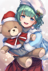 Rule 34 | 1girl, blue eyes, blush, capelet, christmas, dangle earrings, earrings, fur-trimmed capelet, fur trim, green hair, hat, highres, holding, holding stuffed toy, holly, holly hat ornament, jewelry, kishinaito, long sleeves, looking at viewer, open mouth, original, pleated skirt, pom pom (clothes), pom pom earrings, santa hat, short hair, skirt, smile, snowflakes, solo, stuffed animal, stuffed toy, sweater, teddy bear