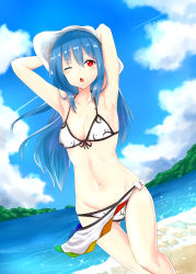 Rule 34 | 1girl, ;o, adapted costume, armpits, arms up, beach, bikini, blue hair, blush, breasts, cloud, cloudy sky, contrail, day, groin, hat, highres, hinanawi tenshi, hip bones, long hair, looking at viewer, medium breasts, nise (  nise6  ), one eye closed, outdoors, red eyes, sarong, skinny, sky, solo, swimsuit, thigh gap, touhou, very long hair, water