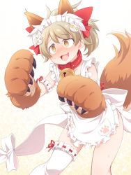 Rule 34 | 1girl, :d, @ @, animal ear fluff, animal ears, animal hands, apron, asymmetrical legwear, bad id, bad pixiv id, bell, blush, bow, brown background, brown eyes, brown hair, cat hair ornament, collar, commentary request, cosplay, fate/grand order, fate (series), fox ears, fox girl, fox tail, gloves, gradient background, hair bow, hair ornament, idolmaster, idolmaster cinderella girls, jingle bell, kemonomimi mode, maid headdress, morikubo nono, naked apron, neck bell, nose blush, open mouth, paw gloves, red bow, red collar, ribbon-trimmed legwear, ribbon trim, single thighhigh, smile, solo, sweat, tail, tamamo (fate), tamamo cat (fate), tamamo cat (fate) (cosplay), tamamo cat (third ascension) (fate), thighhighs, uccow, uneven legwear, white apron, white background, white thighhighs