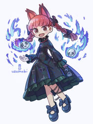 Rule 34 | 1girl, animal ears, artist name, black bow, black footwear, blush, bow, braid, breasts, cat ears, commentary request, dress, extra ears, fang, flaming skull, floating skull, full body, green dress, hair bow, highres, kaenbyou rin, leg ribbon, long hair, long sleeves, looking at viewer, open mouth, red eyes, red hair, ribbon, simple background, skull, small breasts, smile, solo, touhou, twin braids, uzumaki osushi, white background