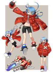 Rule 34 | 1girl, bike shorts, blue hair, blush, border, closed eyes, green eyes, hair between eyes, hair ornament, halterneck, halterneck, hands in pockets, headgear, image fight, jacket, katahira masashi, long hair, midriff, multiple views, navel, open clothes, open jacket, open mouth, outstretched arms, personification, red jacket, running, simple background, sleeves past wrists, spacecraft, spread arms, white border, zipper, zipper pull tab