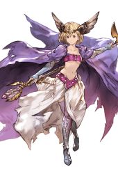 Rule 34 | 10s, 1girl, blonde hair, brown eyes, coat, djeeta (granblue fantasy), full body, granblue fantasy, hair ornament, holding, looking away, midriff, minaba hideo, mystic (granblue fantasy), serious, short hair, showgirl skirt, simple background, solo, staff, standing, thighhighs, transparent background, white background, zettai ryouiki